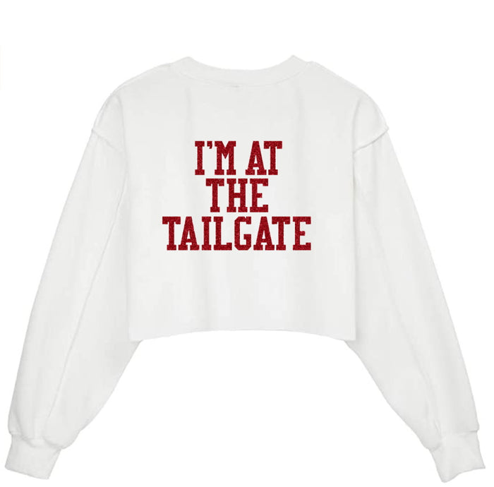 I'm At The Tailgate Glitter Raw Hem Cropped Crewneck