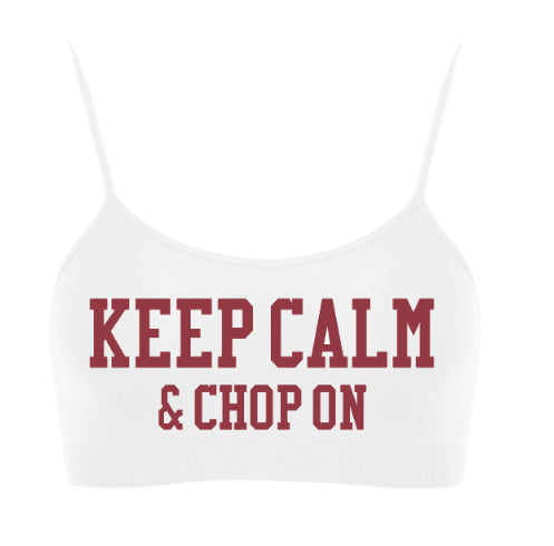 Keep Calm & Chop On Glitter Seamless Spaghetti Strap Super Crop Top (Available in 2 Colors)