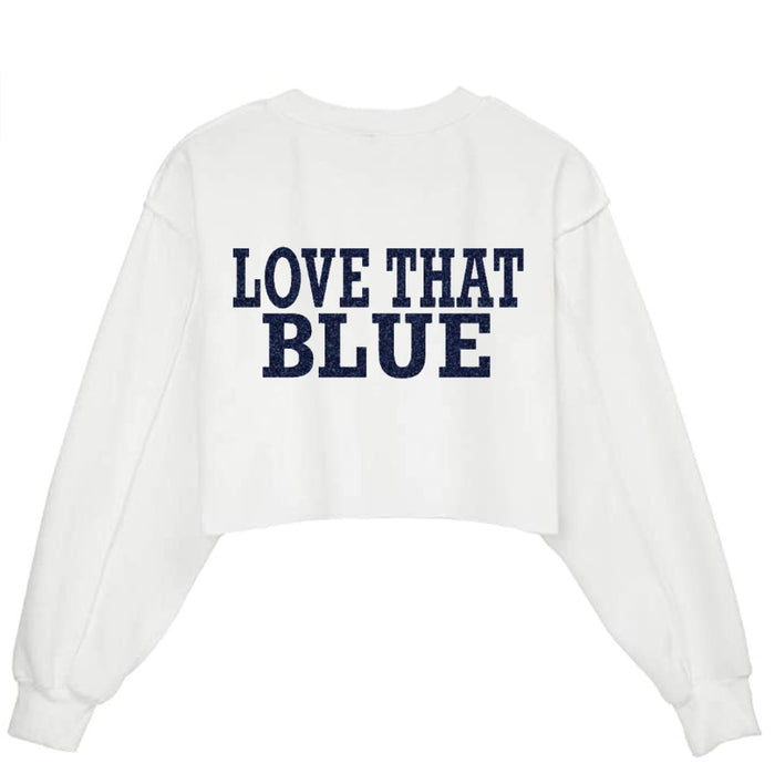 Love That Blue Glitter White Raw Hem Cropped Crewneck