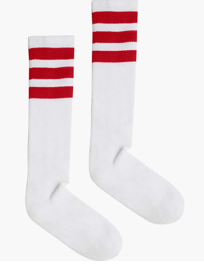White & Red Striped Calf High Tube Socks