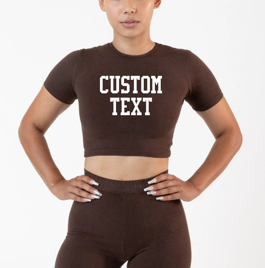 Custom Single Color Text Kane Short Sleeve Crew Crop Top (Available in 4 Colors)