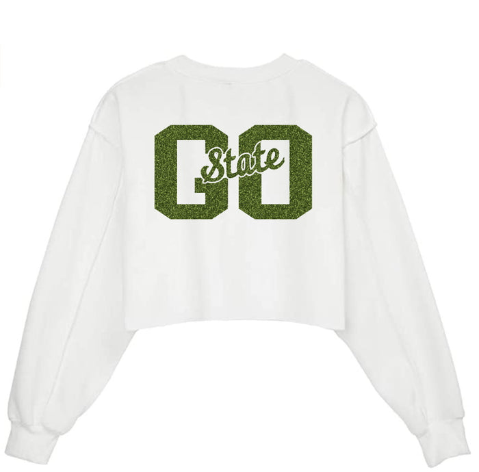 Go State Glitter Raw Hem Cropped Sweatshirt