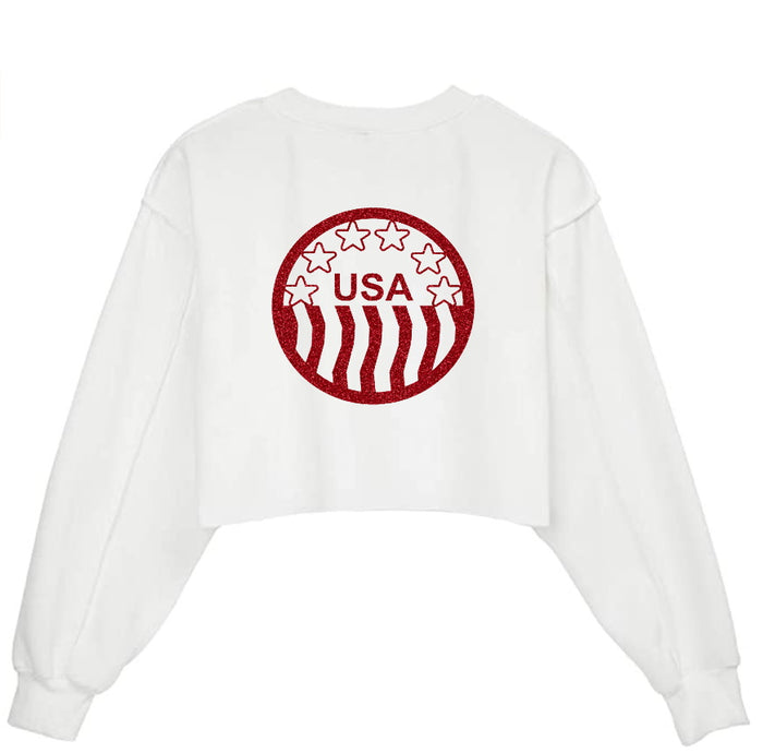 USA Glitter Raw Hem Cropped Sweatshirt