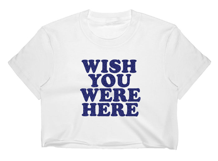 Wish You Were Here Glitter Raw Hem Cropped Tee